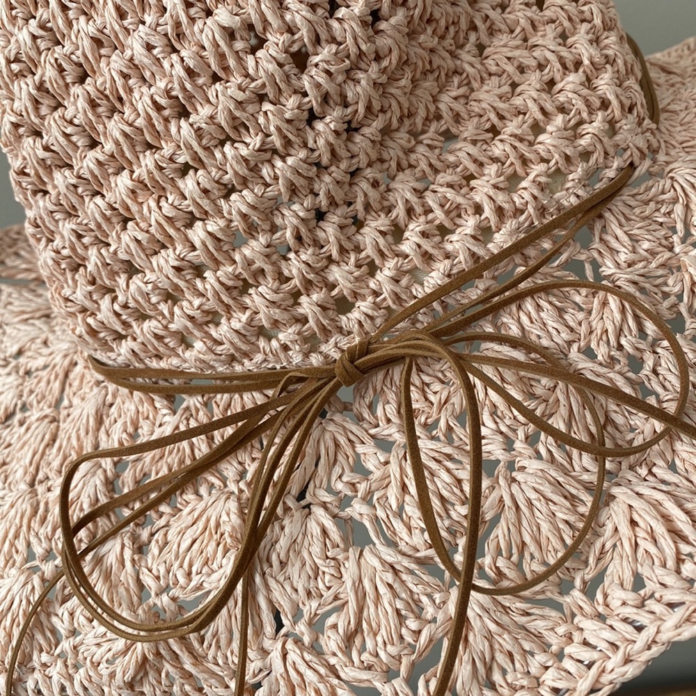 Straw Sun Hat with Bow Trim - Blush Pink - Picture 5 of 9